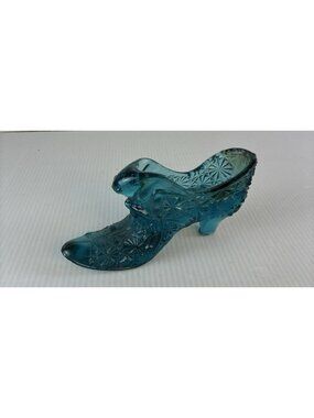Vintage Fenton Daisy & Button Art Glass Aquamarine / Teal Cat Head Slipper Shoe